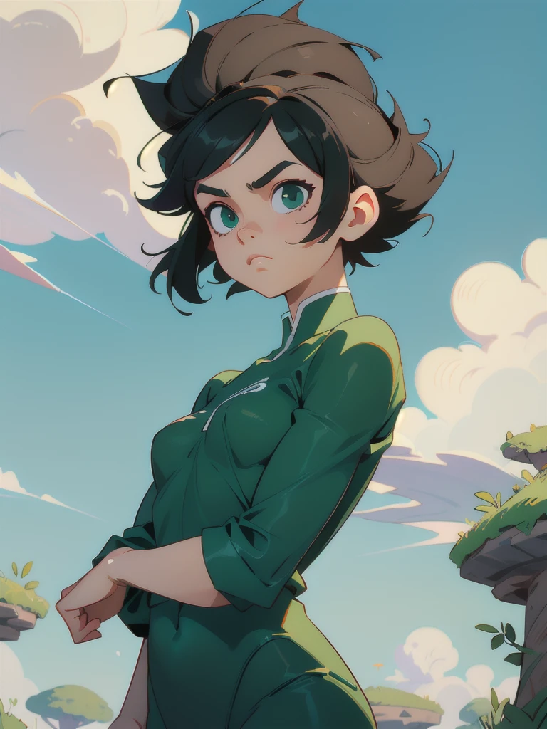 1 woman, (short hair), Black hair, serious face, Lean body, clothes, green eyes, clear sky, few clouds, 8k, masterpiece, best quality