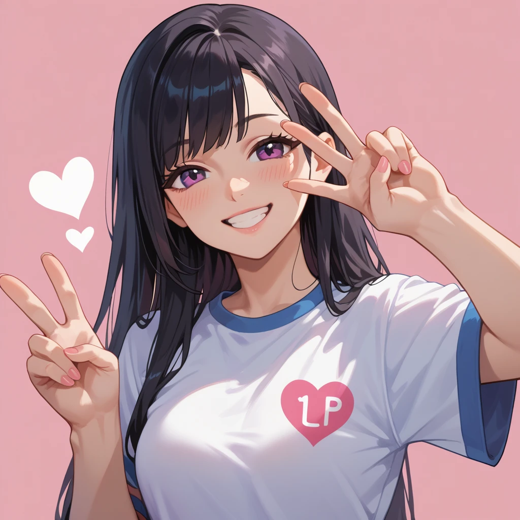 1 fille, dark eyes, long black hair, blush, cils, heart, heart background, long hair, regard timide, smile, happy, peace sign pink background, portrait, side papillotes, selfie, alone, full body, lifting weight, taking pics