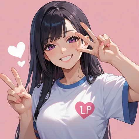 1 fille, dark eyes, long black hair, blush, cils, heart, heart background, long hair, regard timide, smile, happy, peace sign pi...