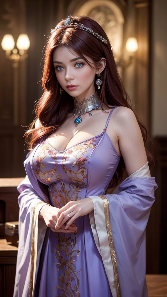 realistic photo, a realistic photo of 30yo medieval woman queen wearing a purple dress, red hair, medieval castle, Warm colors,blue eyes, perfect nose, round face, straight eyebrow, cheek bones (1girl), (extremely detailed CG unity 8k wallpaper), photo of the most beautiful artwork in the world, professional majestic, (big-breasted:1.5) (photography by Steve McCurry), 8k uhd, dslr, soft lighting, high quality, film grain, Fujifilm XT3 sharp focus, f 5.6, High Detail, Sharp focus, dramatic, (looking at viewer:1.2), (detailed pupils:1.3), (natural light), full body.