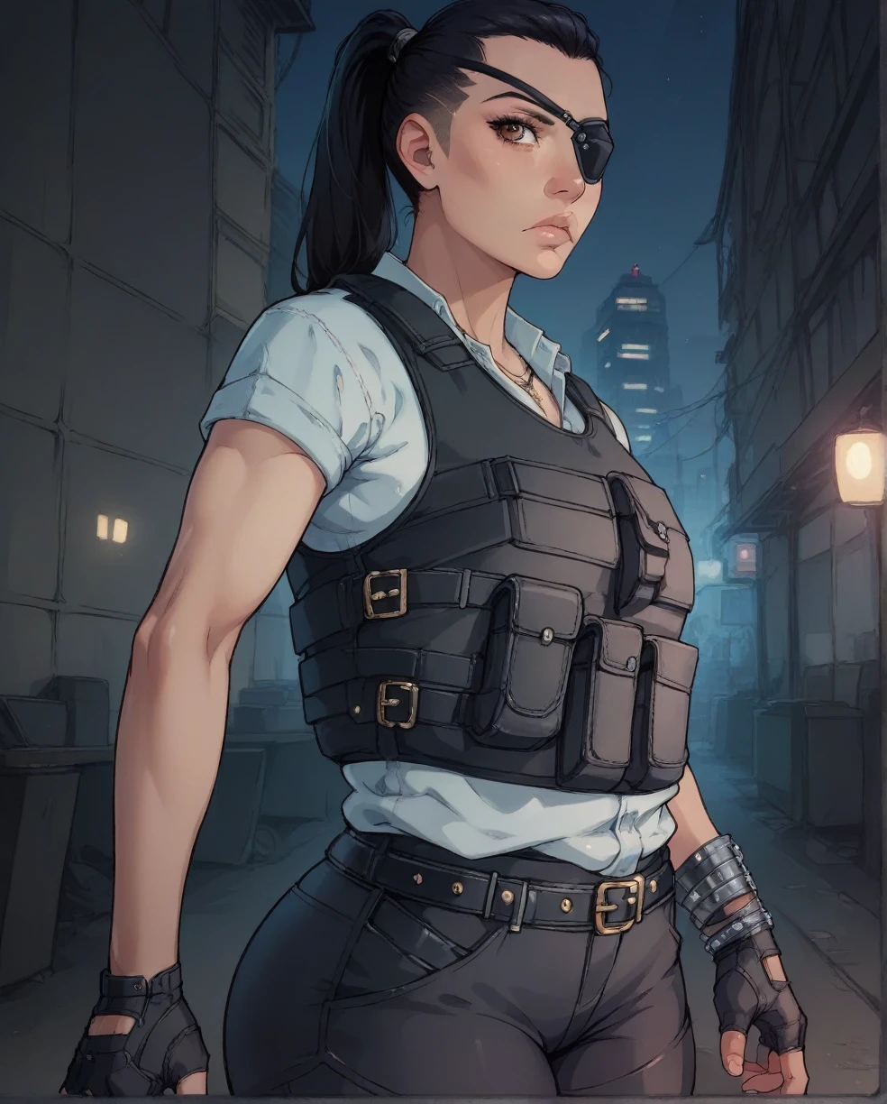 score_9,score_8_up,score_7_up, Regina,brown eyes,black eyepatch on right eye,black hair,ponytail,undercut, small breasts, fit toned body, wide curvy hips, big ass, police shirt,vest,cross necklace, fingerless gloves,sports shorts, holsters, waist belt, belt with pouches, night,police office,science fiction,standing, serious expression, looking at viewer, from the side, solo, 