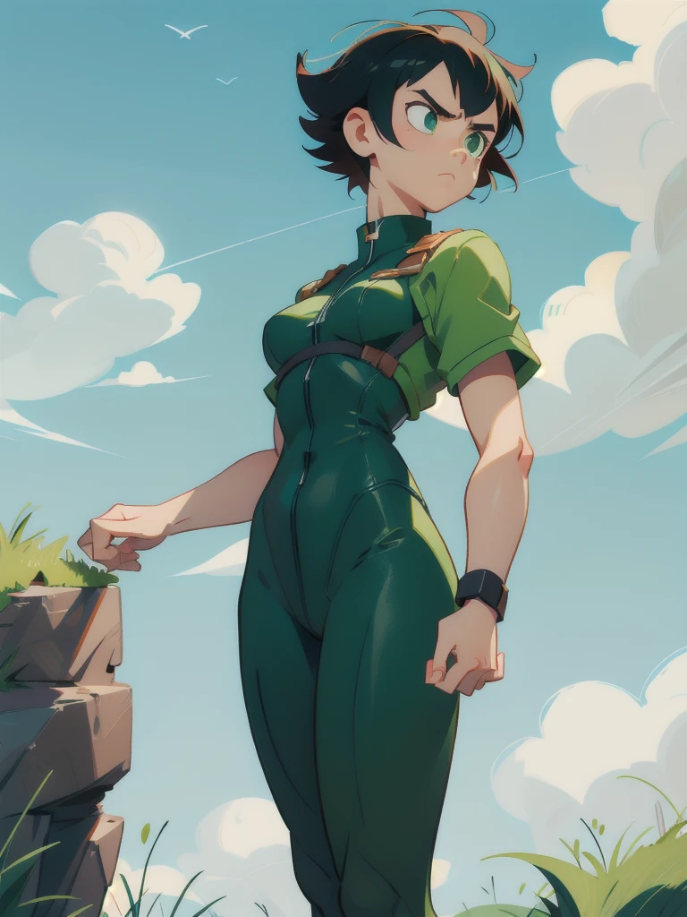 1 woman, makoto (short hair), Black hair, serious face, Lean body, clothes, green eyes, clear sky, few clouds, 8k, masterpiece, best quality, 