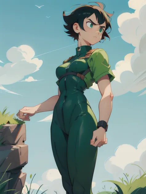 1 woman, makoto (short hair), black hair, serious face, lean body, clothes, green eyes, clear sky, few clouds, 8k, masterpiece, ...