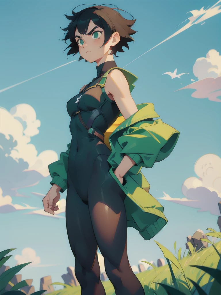 1 woman, makoto (short hair), Black hair, serious face, Lean body, clothes, green eyes, clear sky, few clouds, 8k, masterpiece, best quality, 