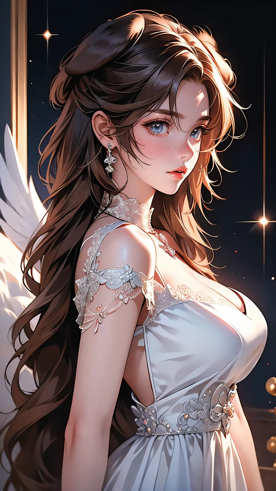 ((Masterpiece)), envision a 8k, highres, cinematic, beautiful close up portrait of a princesss lady with a slender muscular body, (((really large breasts))), angel face, soft lips, long eyelashes, strong face, strong mature older face, (((extremely long brown hair))), multicolored hair, blonde hair, side locks, long bangs, blue eyes, ((freckles)), animal ears, dog ears, animal tail, dog tail, elegant white dress, wedding dress, elegant lace dress,, ((((1girl)))), in dark lighting, against a dark gray background