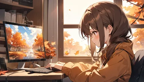 best image quality,girl working on a computer,brown hair,in front of a large window,autumn leaves outside