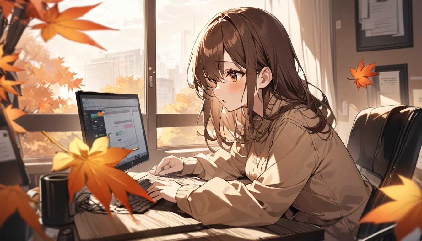 Best image quality,Girl working on a computer,Brown Hair,In front of a large window,Autumn leaves outside