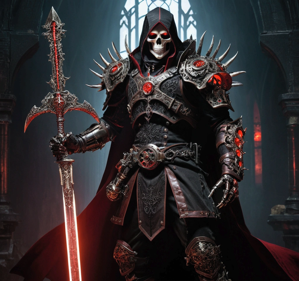 Gothic and steampunk characters, dressed in dark, intricate costumes, wielding a large weapon, and exhibiting a mixture of mechanical and organic features, creating a dark fantasy aesthetic. One figure stands, holding a large red glowing sword with a long coat, another appears as a skeletal creature with clawed hands, while the drawn character shows off the detailed technique of the metal arm, and another one stands with a huge sword, dressed in leather armor.