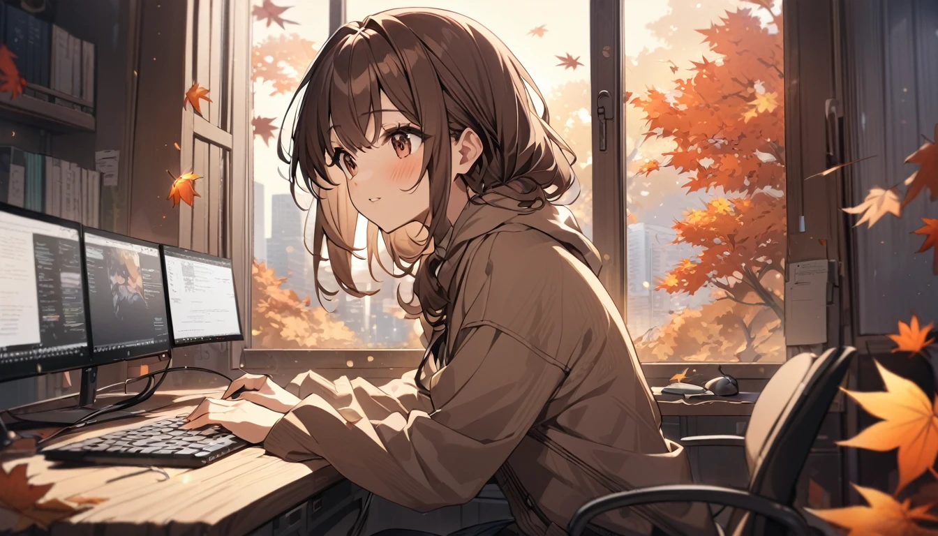 Best image quality,Girl working on a computer,Brown Hair,In front of a large window,Autumn leaves outside