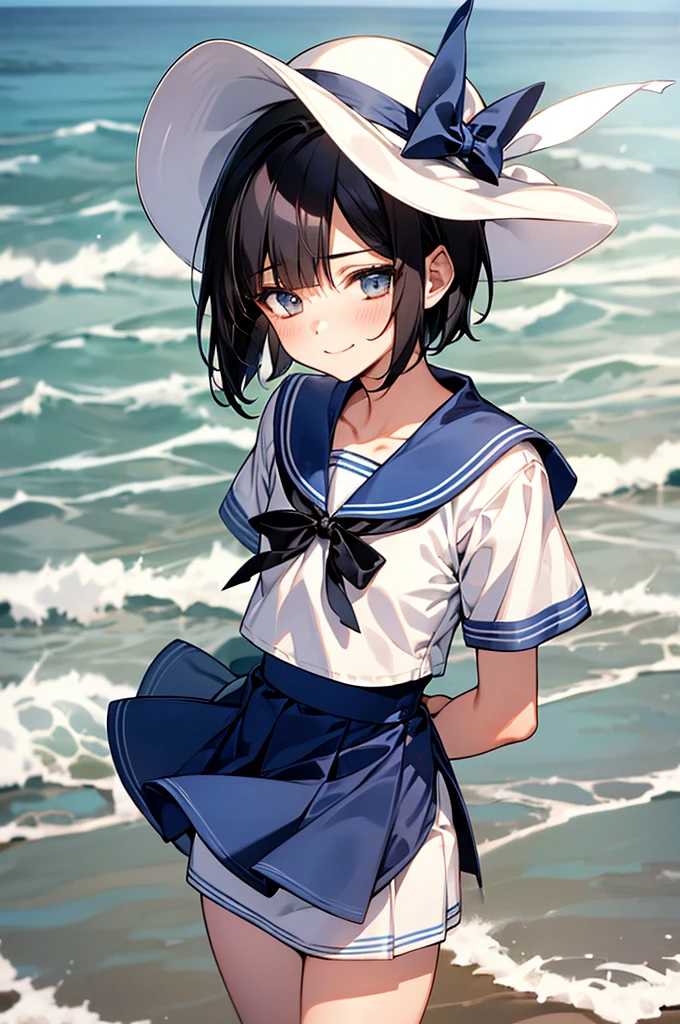 Best Quality, 1boy,Androgynous male,Flat Chest,Black Hair,Short Bob Cut,White and light blue sailor uniform,Hat with ribbon,Mini skirt dress,Short sleeve,Laugh shyly, wind,smile,blush, Character Portrait, Shooting at the beach