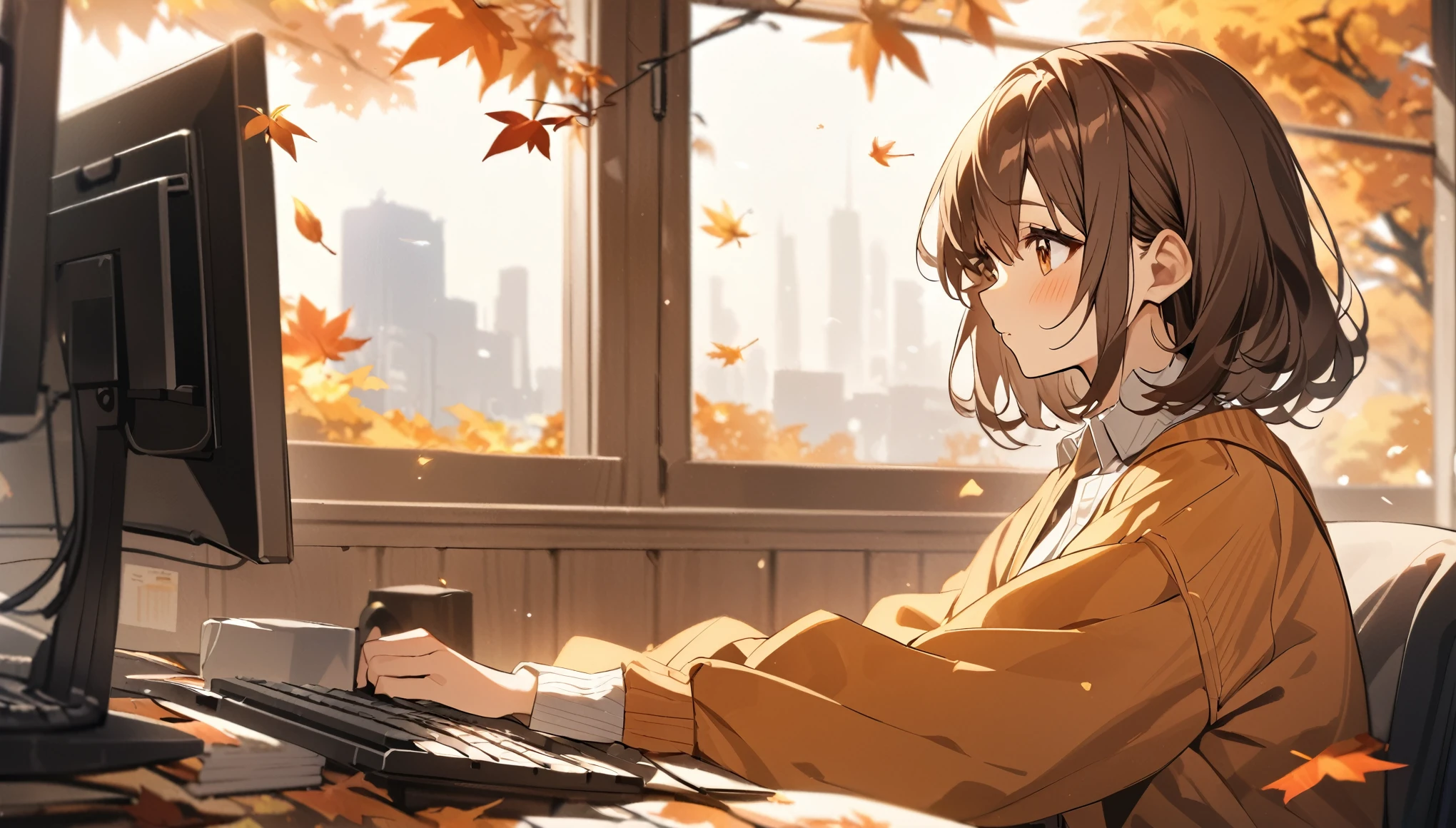 Best image quality,Girl working on a computer,Brown Hair,In front of a large window,Autumn leaves outside