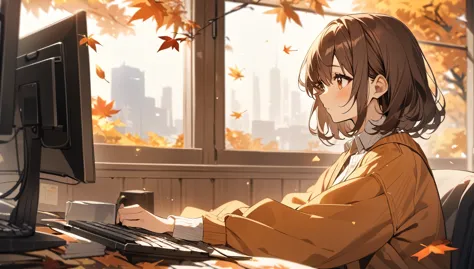 best image quality,girl working on a computer,brown hair,in front of a large window,autumn leaves outside