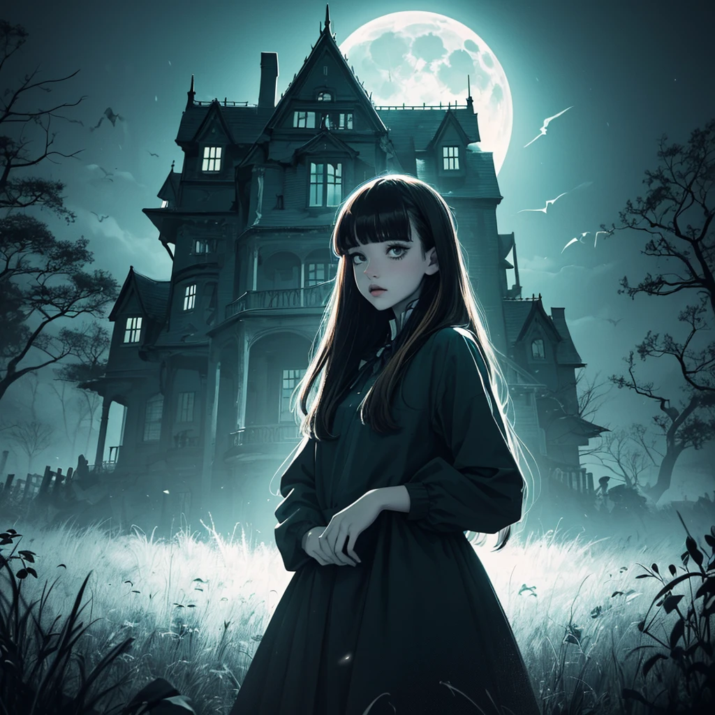 1girl, ((Caucasian)), white girl, older teen, small slender body, ((preppy clothes)), long brown hair, bangs, ((fringe with textured bangs)), full lips, full moon, haunting atmosphere, ((haunted house)), ((erotic)), white color scheme with teal and gold accents, ((high contrast)), ((rim lighting))
