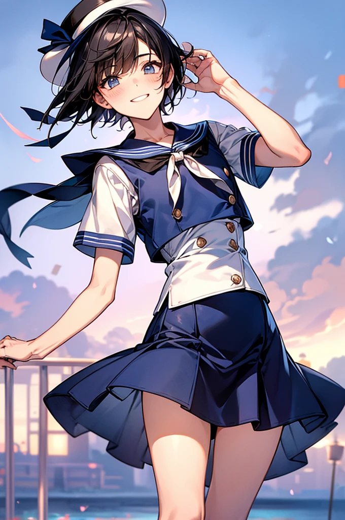 Best Quality, 1boy,Androgynous male,Flat Chest,Black Hair,Short Bob Cut,White and light blue sailor uniform,Hat with ribbon,Mini skirt dress,Short sleeve,Laugh shyly, wind,smile,blush, Character Portrait, Filmed on a luxury cruise ship