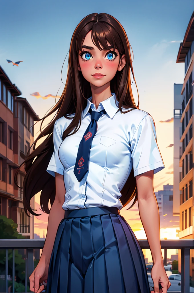 (mejor calidad, Obra maestra), mirando abajo, viento, Partícula, hotel de fondo, night, parte superior del cuerpo, 1 girl, ((white skin)), lipstick, makeup, ((long hair)), ((brown hair)), (blue eyes), medium breast, (((white shirt, blue necktie, pleated skirt))), short sleeves, looking at viewer, defSaki, smile, blush