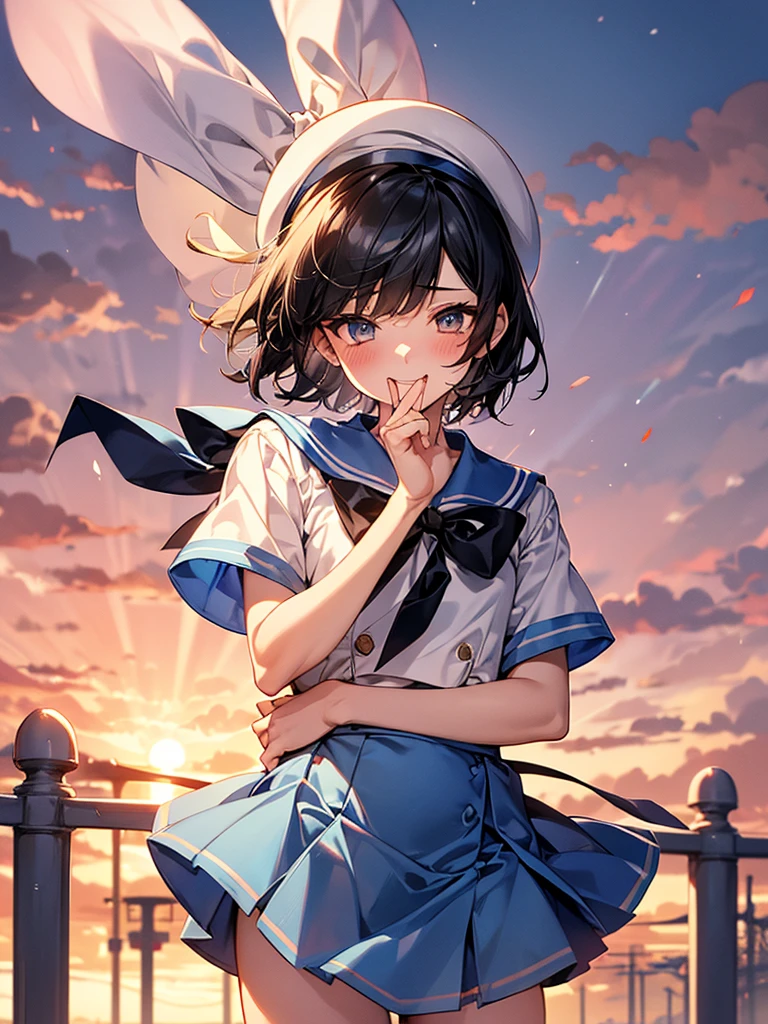 Best Quality, 1boy,Androgynous male,Flat Chest,Black Hair,Short Bob Cut,White and light blue sailor uniform,Hat with ribbon,Mini skirt dress,Short sleeve,Laugh shyly, wind,smile,blush, Character Portrait, Photographed at an amusement park at sunset