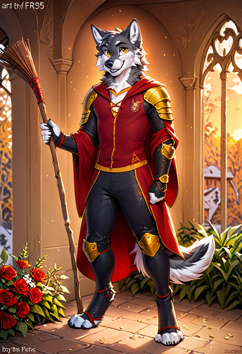 in the style of f-r95, in the style of zaush, in the style of binxxy, solo, (anthro), male, wolf, grey fur, white belly, white chest, digitigrade legs, gold eyes, evening lighting, standing, posing for a picture, smiling at viewer, hogsks, gryffindor quidditch uniform, elbow protections, armor, riding pants, red robe, holding broomstick