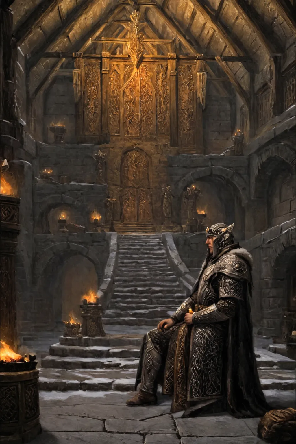 the throne room is grand and imposing, much like dragonsreach in whiterun, with towering wooden beams and stone pillars supporti...