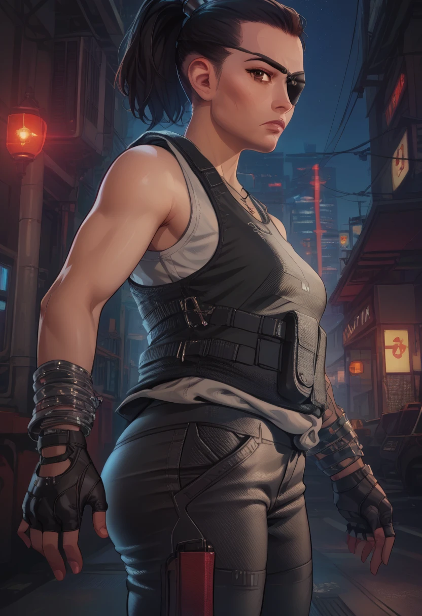 score_9,score_8_up,score_7_up, Regina,brown eyes,black eyepatch on right eye,black hair,ponytail,undercut, small breasts, fit toned body, wide curvy hips, big ass, tank top,vest,cross necklace, fingerless gloves, spandex shorts, holsters, waist belt, belt with pouches, night,police office,science fiction,standing, serious expression, looking at viewer, from side, solo, 