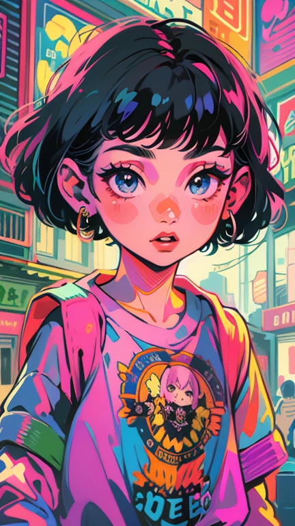 a cartoon girl with short black hair, oversized clothes, loose t-shirt with prints, very colorful, 90s cartoon style, detailed facial features, beautiful detailed eyes, beautiful detailed lips, extremely detailed eyes and face, long eyelashes, photorealistic, 8k, high quality, masterpiece, vivid colors, dynamic lighting, soft focus, capa de cartoon anos 90, cartaz cartoon anos 90, poster cartoon anos 90