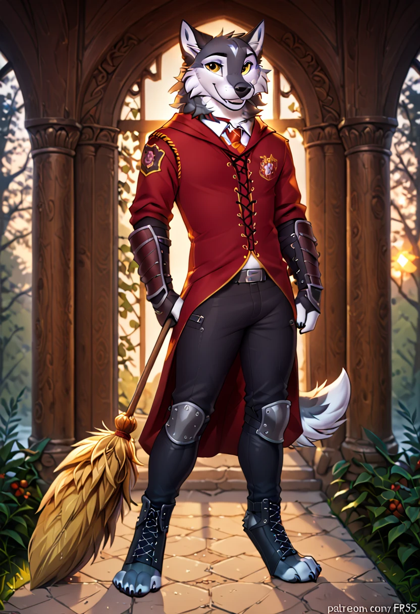 in the style of f-r95, in the style of zaush, in the style of binxxy, solo, (anthro), male, wolf, grey fur, white belly, white chest, digitigrade legs, gold eyes, evening lighting, standing, posing for a picture, smiling at viewer, hogsks, gryffindor quidditch uniform, elbow protections, armor, riding pants, red robe, holding broomstick, laced up robe