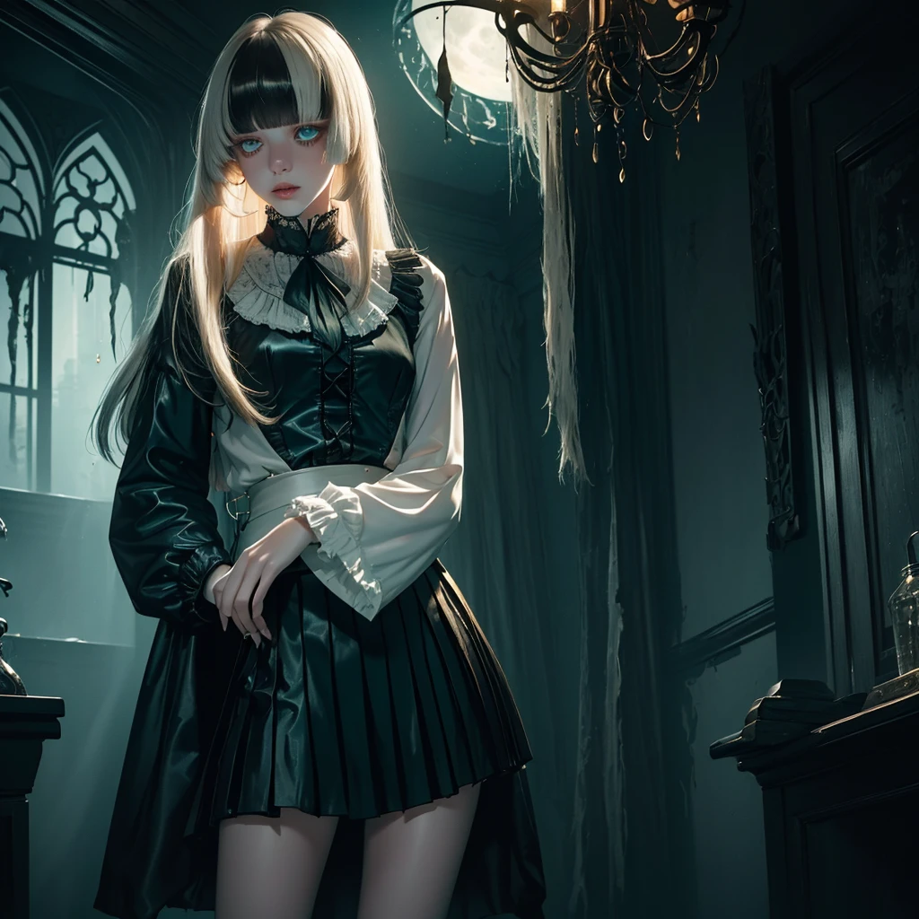 1girl, ((Caucasian)), white girl, older teen, small slender body, ((damaged blouse, damaged skirt)), long brown hair, bangs, ((fringe with textured bangs)), full lips, full moon, haunting atmosphere, ((haunted house)), ((erotic)), white color scheme with teal and gold accents, ((high contrast)), ((rim lighting))
