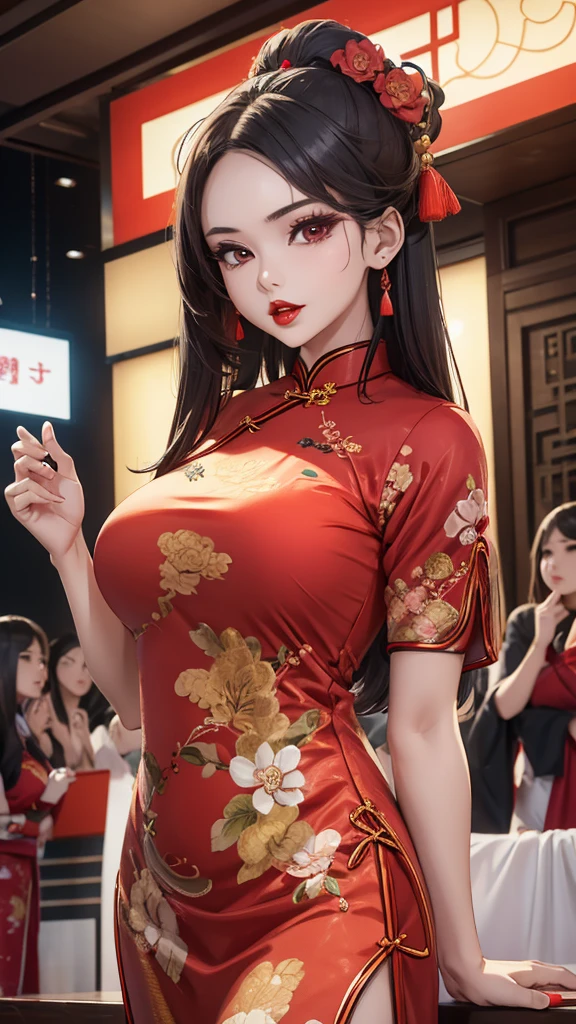 1 Girl,Upper body,Fashion Girl,cheongsam,Chinese clothes,Flowering,(masterpiece:1.4),(:1.4),(Glowing skin),Red lips,Looking at the audience,Large Breasts,Open your mouth