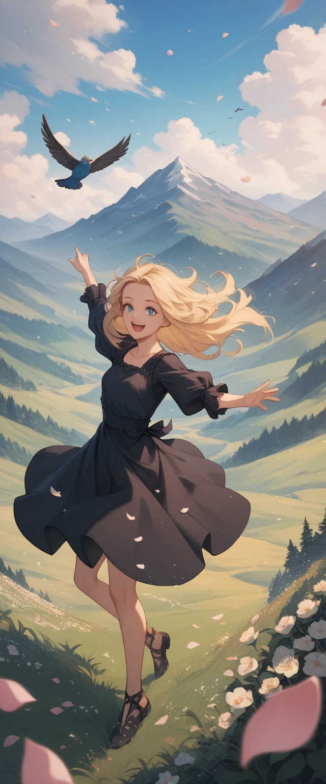 1 girl,blonde hair,by the wide,Blue eyes,
black dress,
outdoors,Nature,sky,mountain,Meadow,wind,floating hair,
smile,open mouth,open arms,bird,petal,move,