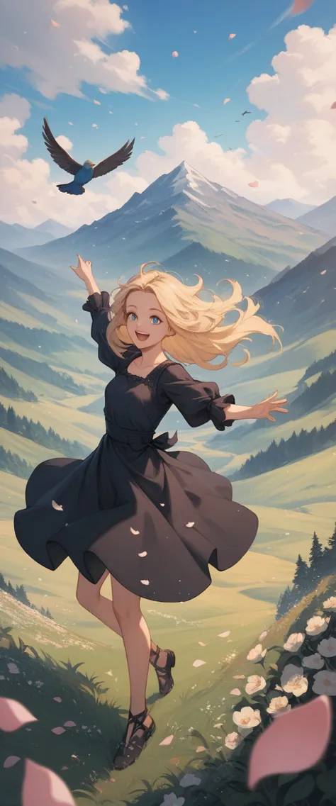 1 girl,blonde hair,by the wide,blue eyes,
black dress,
outdoors,nature,sky,mountain,meadow,wind,floating hair,
smile,open mouth,...