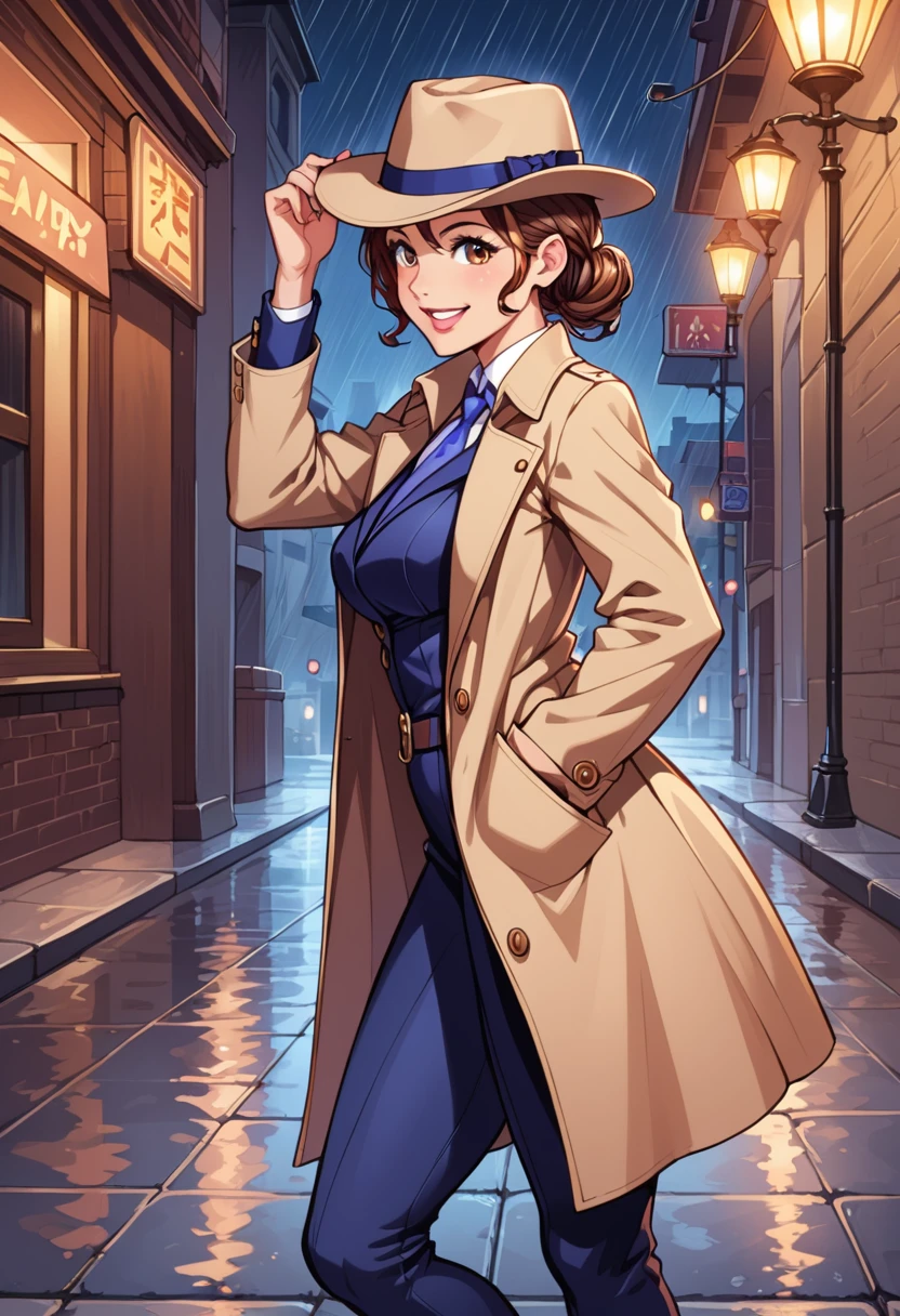 detailed illustration (side view),dynamic angle,ultra-detailed, illustration, pose for the camera, smiling at viewer, clean line art, shading, anime, 2020’s anime style, detailed eyes, detailed face, beautiful face standing on a sidewalk, Detective, trench coat, fedora hat, Johnny dollar inspired, Philip Marlow inspired, 1940’s, woman, in a suit a coat, night, rain, brown hair, hard boiled, female fatale vibes.