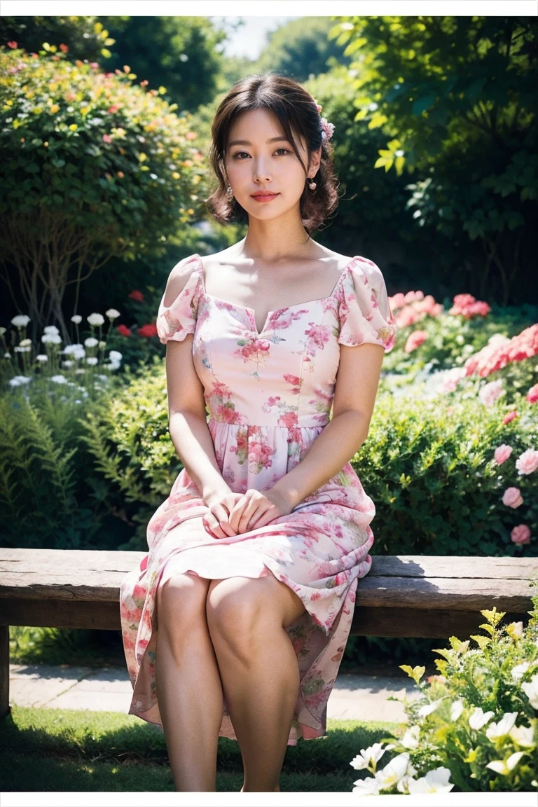 bestquality,masterpiece,high resolusion,8k photo,arafed woman Wearing a dress sitting on a bench in a garden, Color photograph by Evelyn Ness, Flicker, Romanticism, 1950s Style, dressed in a Floral Dress, Wearing a pink floral gown, Floral Dress, 素敵なWearing a dress, Wearing a dress, 