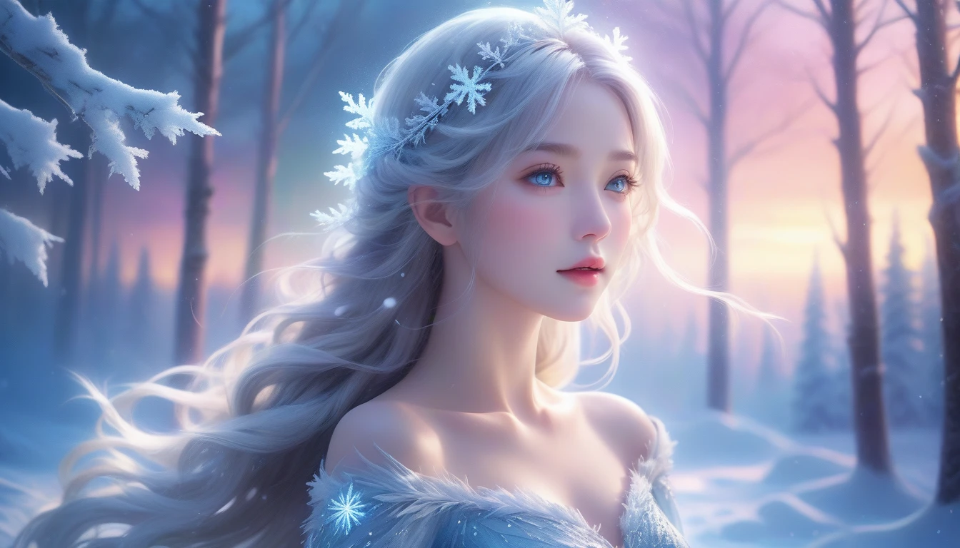 A Masterpiece In 32K Resolution, Supreme Clarity, Hyperreal Detail, Cinematic Artwork, Ultra-High-Resolution 32K Wallpaper, Majestic Lighting, Ethereal Beauty, And Immaculate Precision. The Scene Portrays A Girl Amidst A Serene, Snow-Covered Forest, Soft Flurries Falling Around Her In The Crisp Night Air. She Accentuating Her Full Bosom, With Glistening Jewelry That Dances With Her Every Shift. Her Skin Shimmers Like Frosted Glass, Radiating A Subtle Glow Against The Moonlit Snow. Her Wild, Wind-Swept Silver Hair Cascades Over Her Shoulders, Blending Effortlessly With The Pale, Icy Landscape. Glistening Crystals Of Snow Catch In Her Hair, Reflecting The Cool Light Of A Winter Night. She Is Draped In A Flowing, Ethereal Gown That Glows Softly Under The Majestic Northern Lights, Which Dance Across The Sky. Her Piercing, Ocean-Blue Eyes Stand Out Strikingly Against The Pale Environment, With An Intense, Soulful Gaze That Draws The Viewer In. Her Jewelry, Embellished With Frosted Gems, Glimmers As She Moves Gracefully Through The Snow-Laden Forest. The Cinematic Lighting Highlights The Depth And Immensity Of The Snow-Covered Scene, While Her Mystical Aura Exudes Grace And Elegance. The Hyper-Realistic Detail Captures Her Serene Yet Powerful Presence, Surrounded By The Whispering Silence Of The Winter Landscape, With Each Snowflake Illuminated In The Crisp Air Around Her.