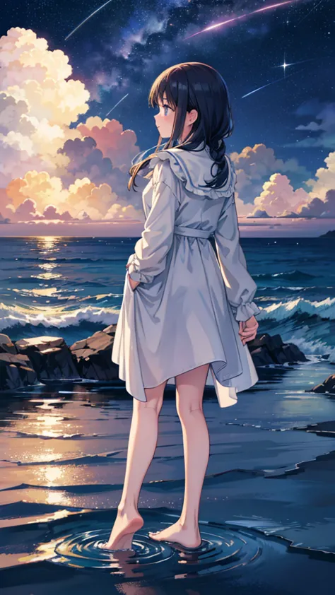 ((masterpiece of the highest quality)), night, thin clothes, girl, put one foot in the water with only the toes, girl standing, ...