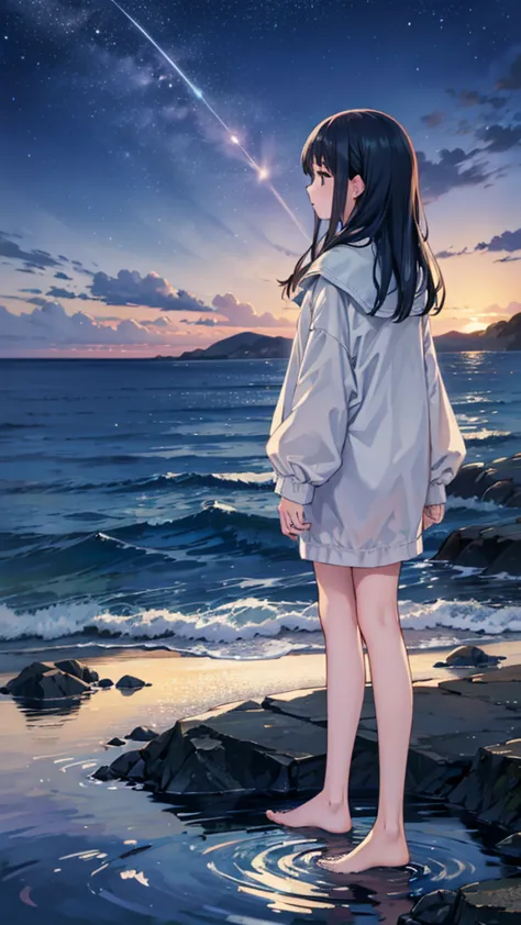 ((masterpiece of the highest quality)), night, thin clothes, girl, put one foot in the water with only the toes, girl standing, ...