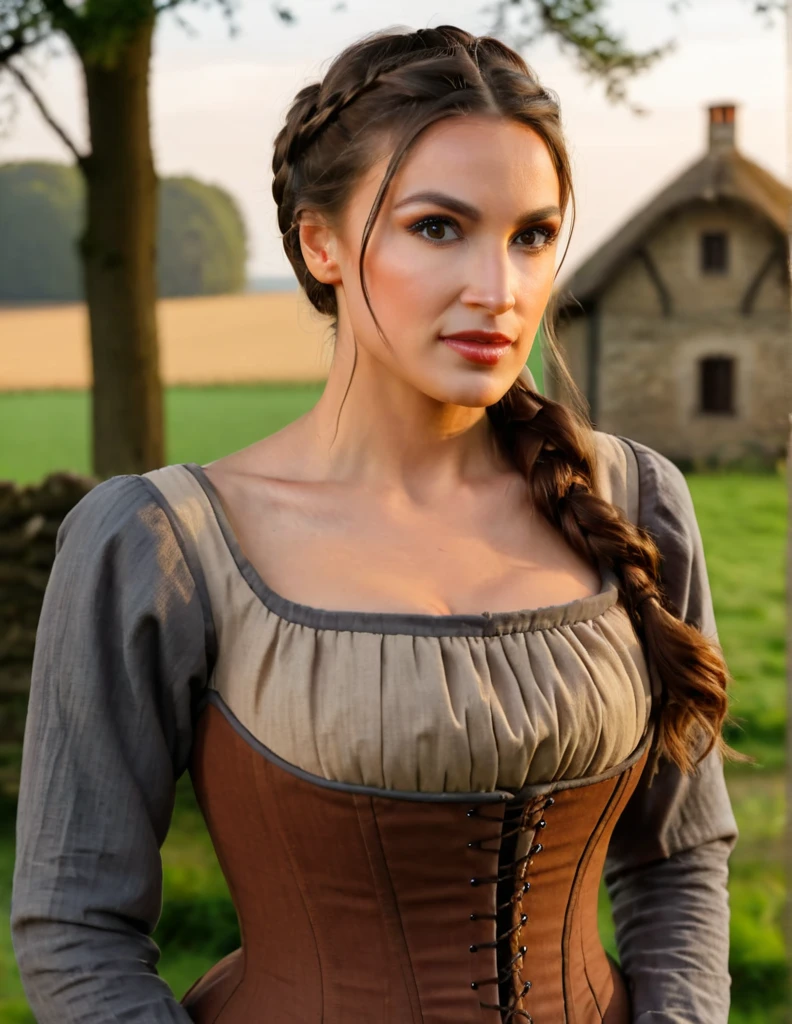 Gorgeous and sultry busty athletic (thin) brunette peasant with sharp facial features wearing a modest updo, medieval hair cover, rough-spun grey and brown medieval dress, long sleeves, wide neck, long dress, tight bodice, corset, Middle Ages, cottage, farm, exterior, trees, countryside, evening, sunset.