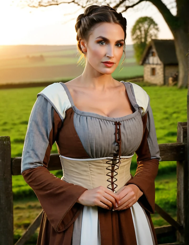 Gorgeous and sultry busty athletic (thin) brunette peasant with sharp facial features wearing a modest updo, medieval hair cover, rough-spun grey and brown medieval dress, long sleeves, wide neck, long dress, tight bodice, corset, Middle Ages, cottage, farm, exterior, trees, countryside, evening, sunset.