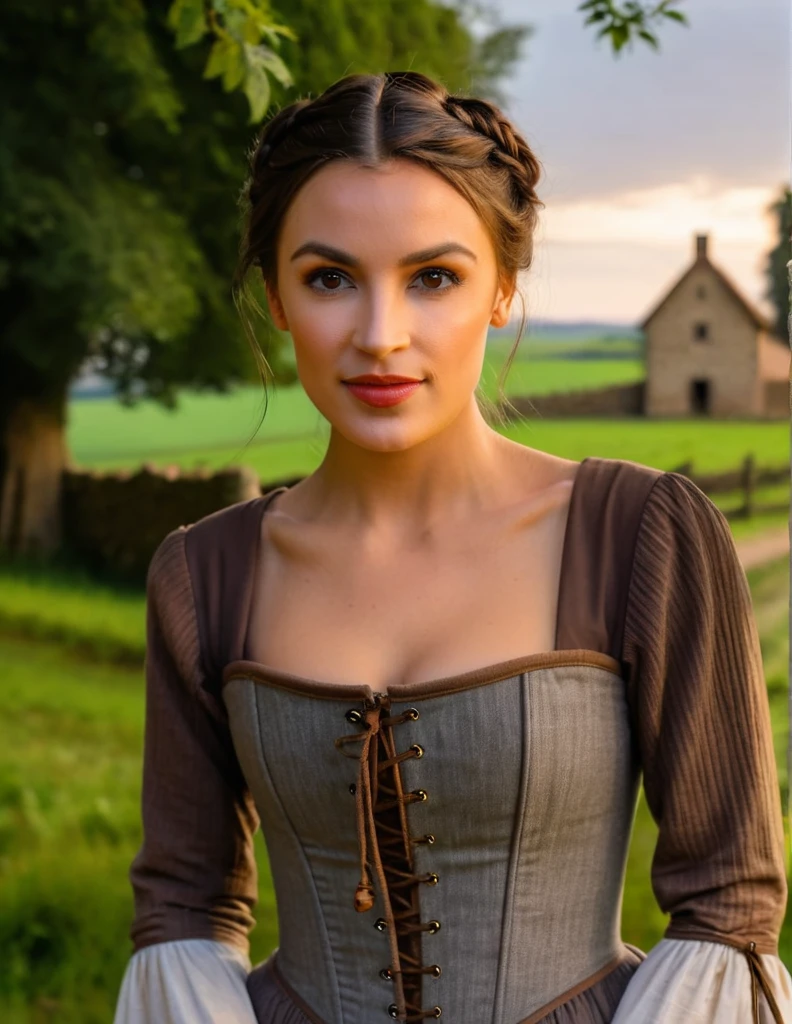 Gorgeous and sultry busty athletic (thin) brunette peasant with sharp facial features wearing a modest updo, medieval hair cover, rough-spun grey and brown medieval dress, long sleeves, wide neck, long dress, tight bodice, corset, Middle Ages, cottage, farm, exterior, trees, countryside, evening, sunset.