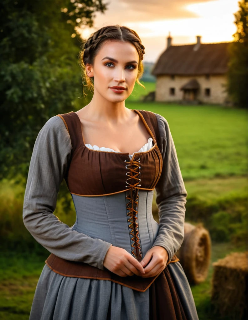 Gorgeous and sultry busty athletic (thin) brunette peasant with sharp facial features wearing a modest updo, medieval hair cover, rough-spun grey and brown medieval dress, long sleeves, wide neck, long dress, tight bodice, corset, Middle Ages, cottage, farm, exterior, trees, countryside, evening, sunset.