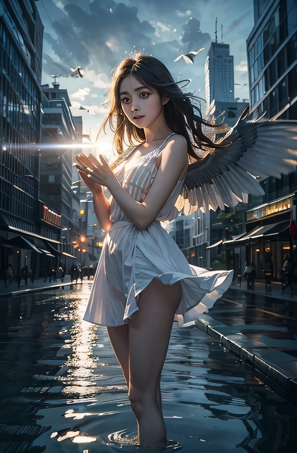 Ridiculous, High resolution,, (1 girl, Alone), Big eyes,, city,, (Water effect, Lighting Effects, Flapping Wings:1.2),