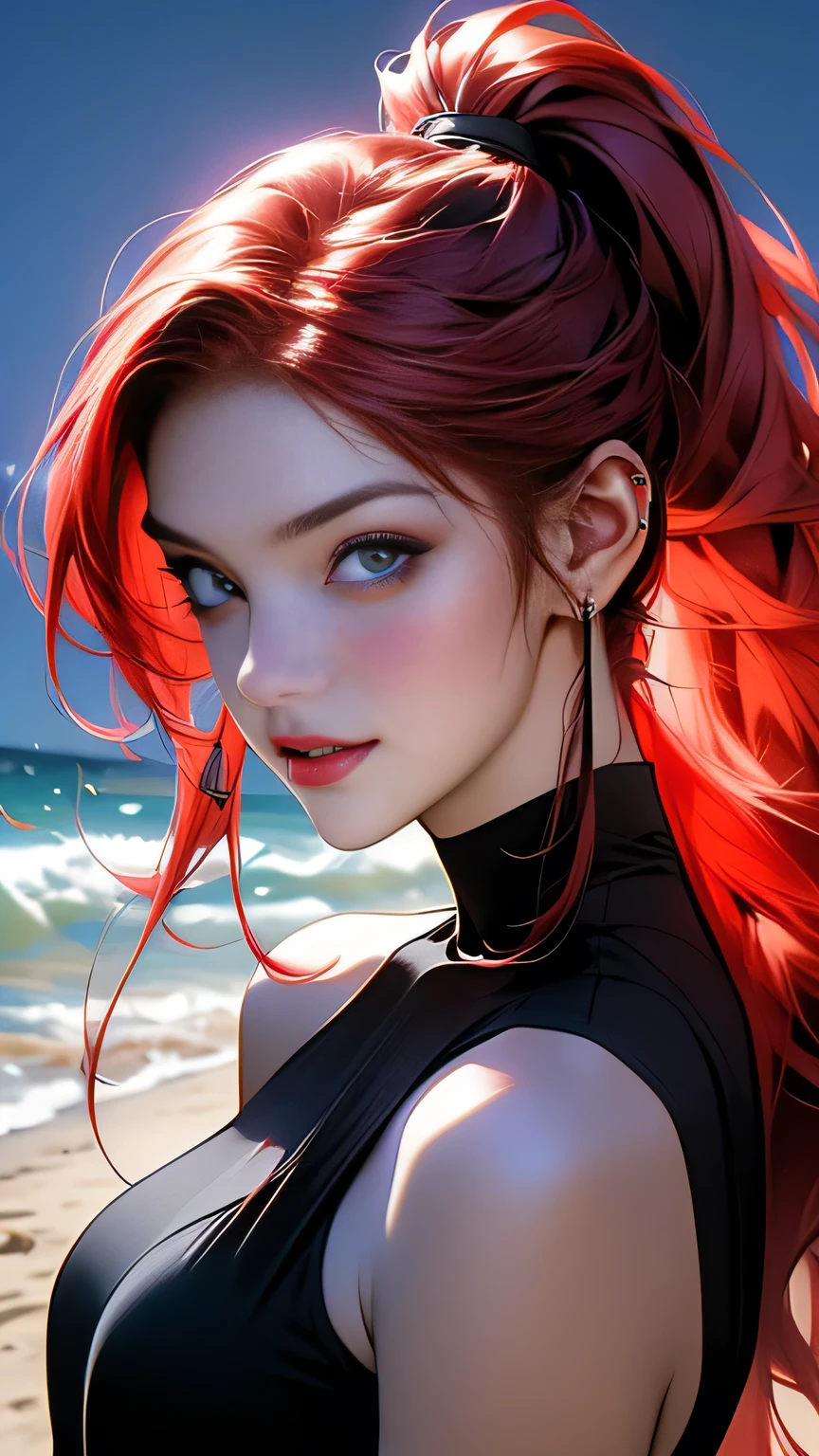 araffes with Red Hair is getting her hair done, Purple highlights, Red Hair, UV highlights, flowing, masterpiece, 最high quality, high quality, High resolution､((Pose＿random)), The line of sight is this、((ponytail)), ((At the beach at night)), Pose＿random, (((Upper body portrait)))､Upper body portrait､smile