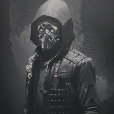 masterpiece, best quality, ultra-detailed, 1man, arafed man in a black leather jacket and a black mask, cyberpunk mask, led mask...