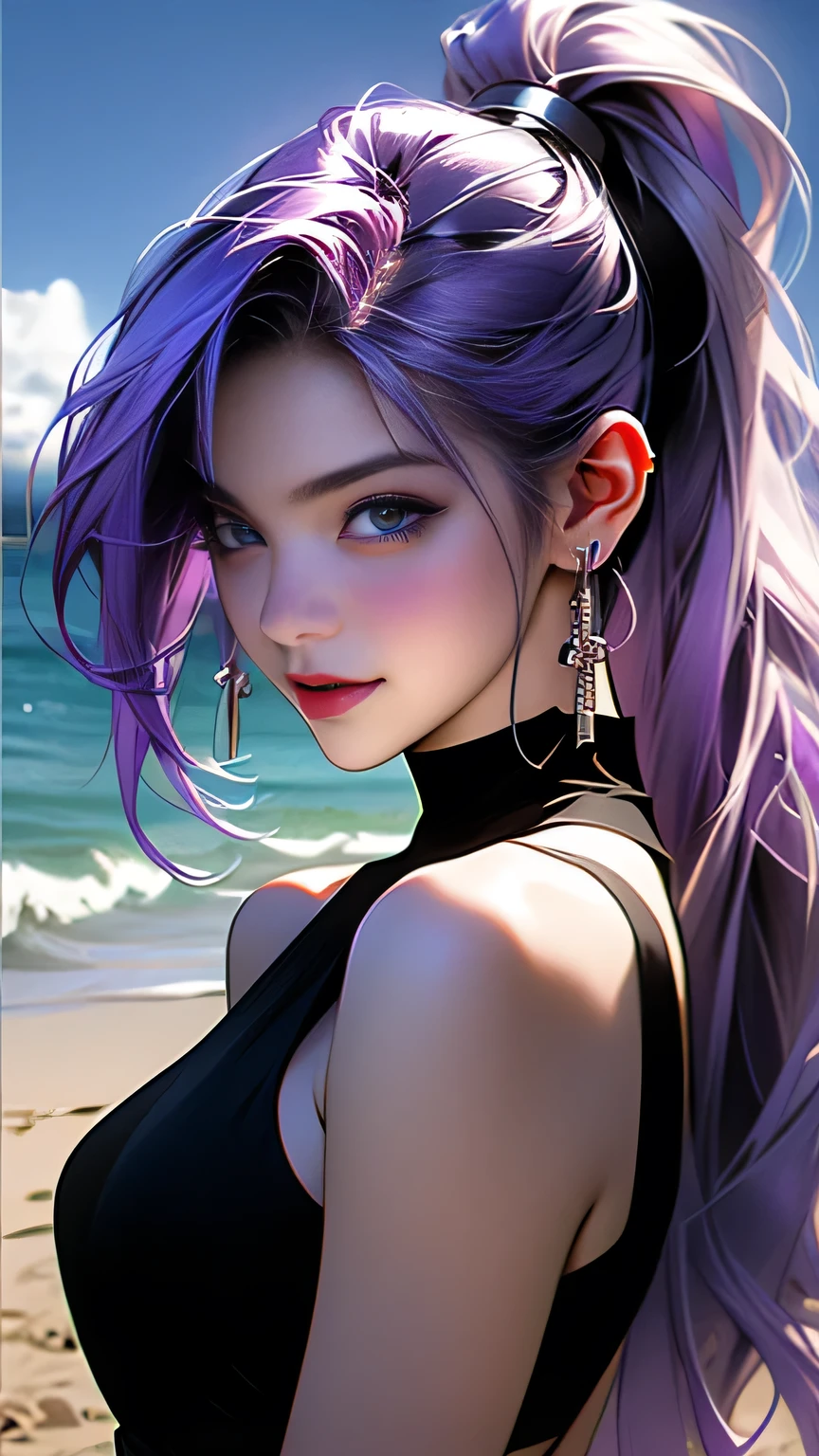 araffes with Purple Hair is getting her hair done, Purple highlights, Purple Hair, UV highlights, flowing Purple Hair, Purple long hair, Lilac Hair, Bright rainbow hair colors, masterpiece, 最high quality, high quality, High resolution､((Pose＿random)), The line of sight is this、((ponytail)), ((At the beach at night)), Pose＿random, (((Upper body portrait)))､Upper body portrait､smile