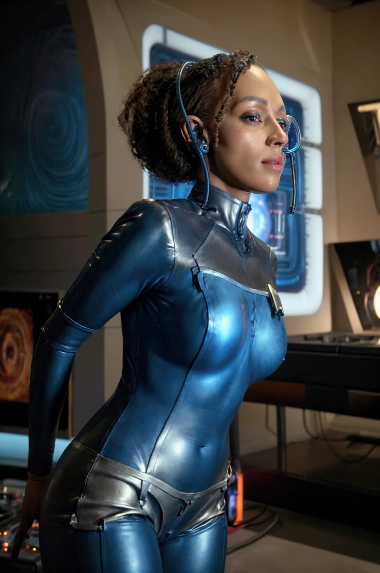 a detailed, highly realistic portrait of a beautiful black woman wearing a blue starfleet uniform, with prominent veins, cyberne...