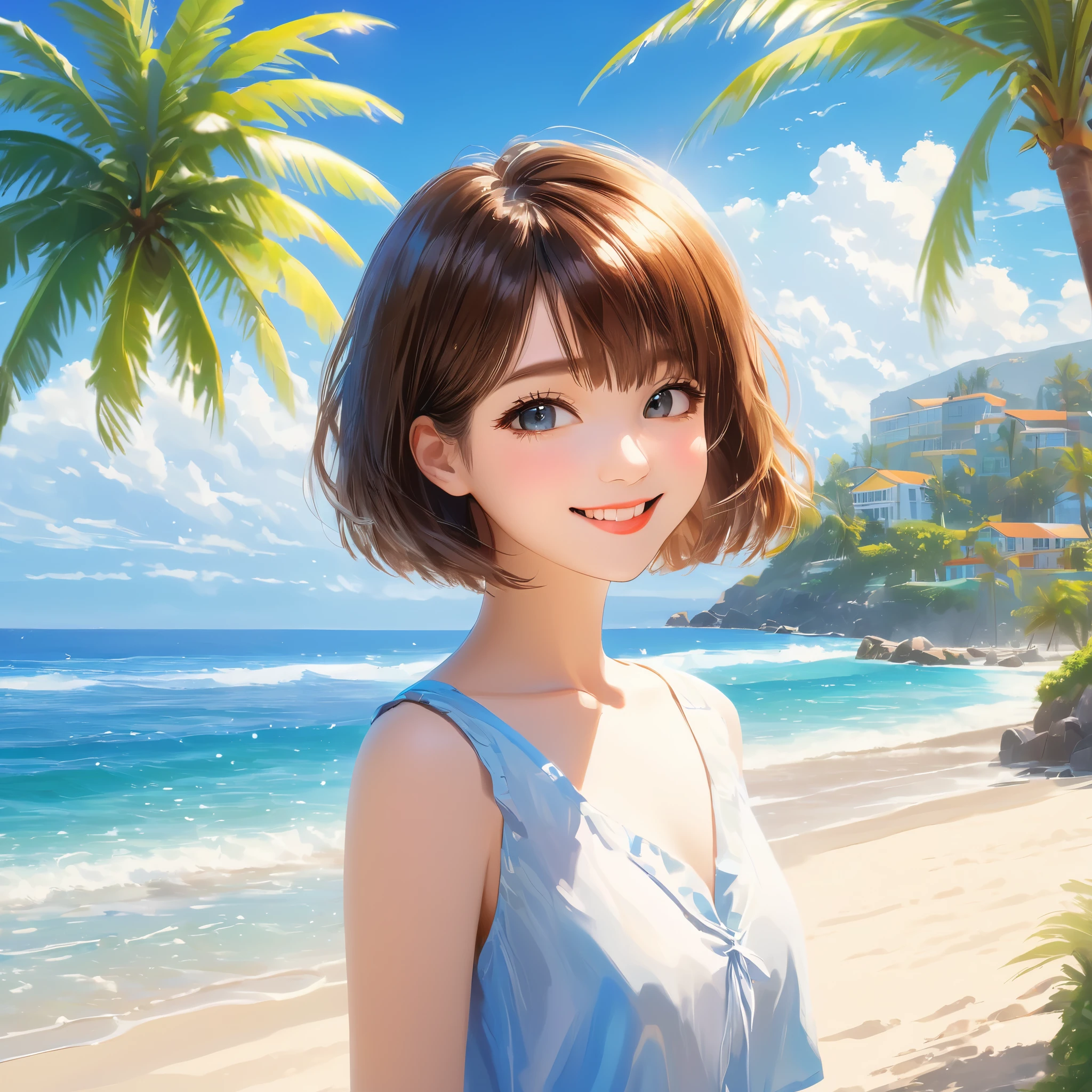 Sparkling sea and tropical ocean, Sunny sky with fluffy white clouds, Palm trees along the coast, Blur the background,Pleasant sea breeze,High school girls,short hair,smile,Glitter effect,highest quality, 4K, 8k, High resolution, masterpiece:1.2, Very detailed, Realistic:1.37, High resolution, 超High resolution, Ultra-fine painting, Sharp focus, Physically Based Rendering, Very detailed explanation, Professional, Vibrant colors