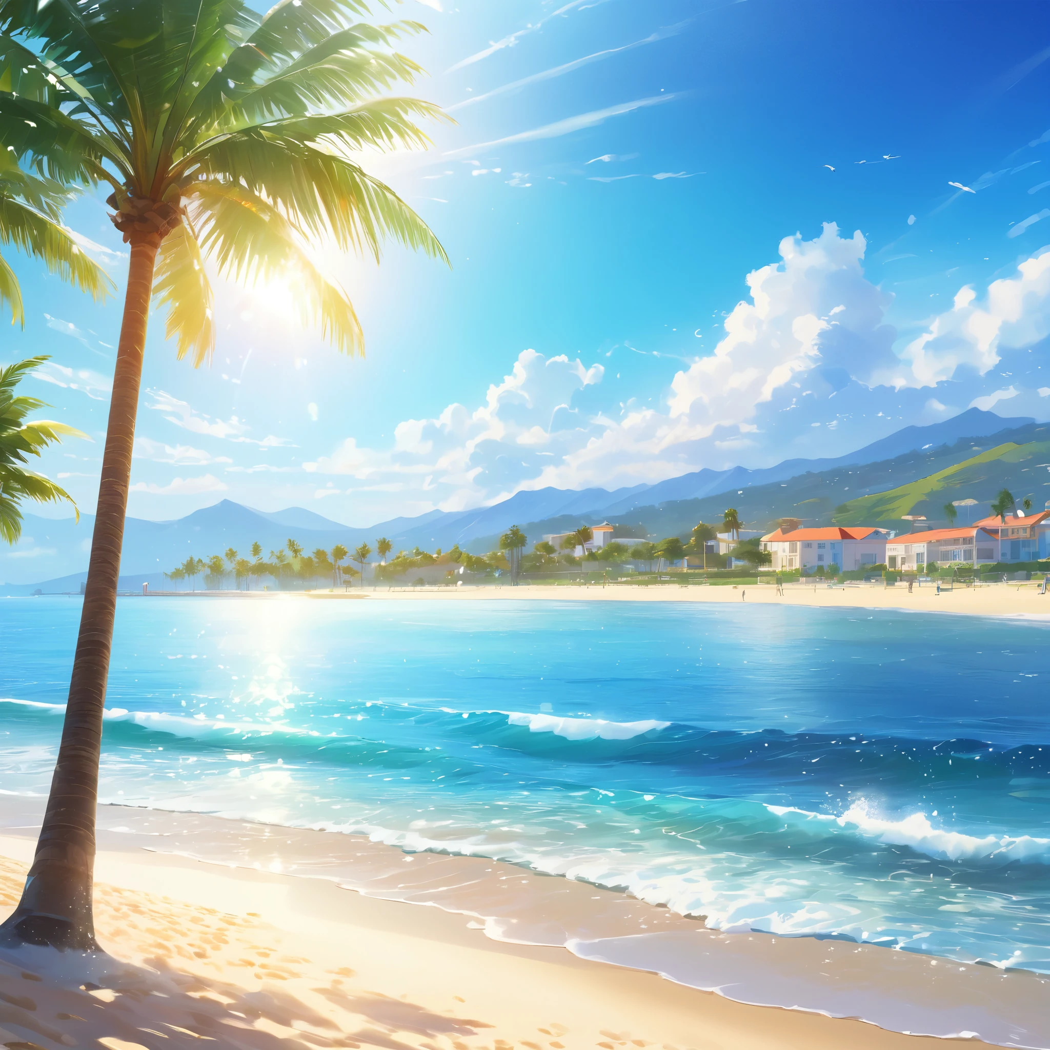 Sparkling sea and tropical ocean, Sunny sky with fluffy white clouds, Palm trees along the coast, Blur the background,Pleasant sea breeze,High school girls,short hair,smile,Glitter effect,highest quality, 4K, 8k, High resolution, masterpiece:1.2, Very detailed, Realistic:1.37, High resolution, 超High resolution, Ultra-fine painting, Sharp focus, Physically Based Rendering, Very detailed explanation, Professional, Vibrant colors