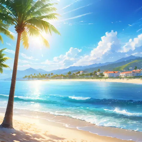 sparkling sea and tropical ocean, sunny sky with fluffy white clouds, palm trees along the coast, blur the background,pleasant s...