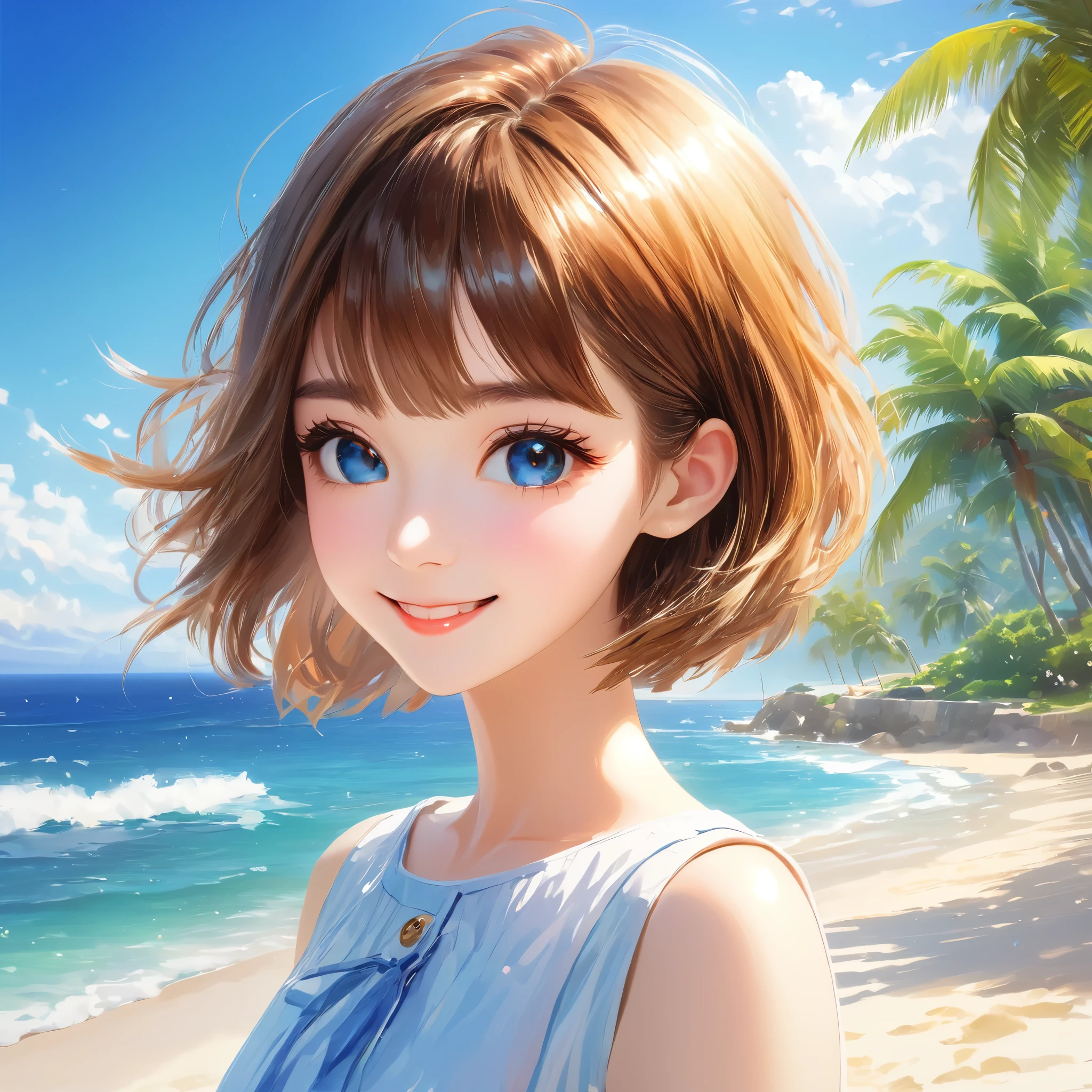 Sparkling sea and tropical ocean, Sunny sky with fluffy white clouds, Palm trees along the coast, Blur the background,Pleasant sea breeze,High school girls,short hair,smile,Glitter effect,highest quality, 4K, 8k, High resolution, masterpiece:1.2, Very detailed, Realistic:1.37, High resolution, 超High resolution, Ultra-fine painting, Sharp focus, Physically Based Rendering, Very detailed explanation, Professional, Vibrant colors