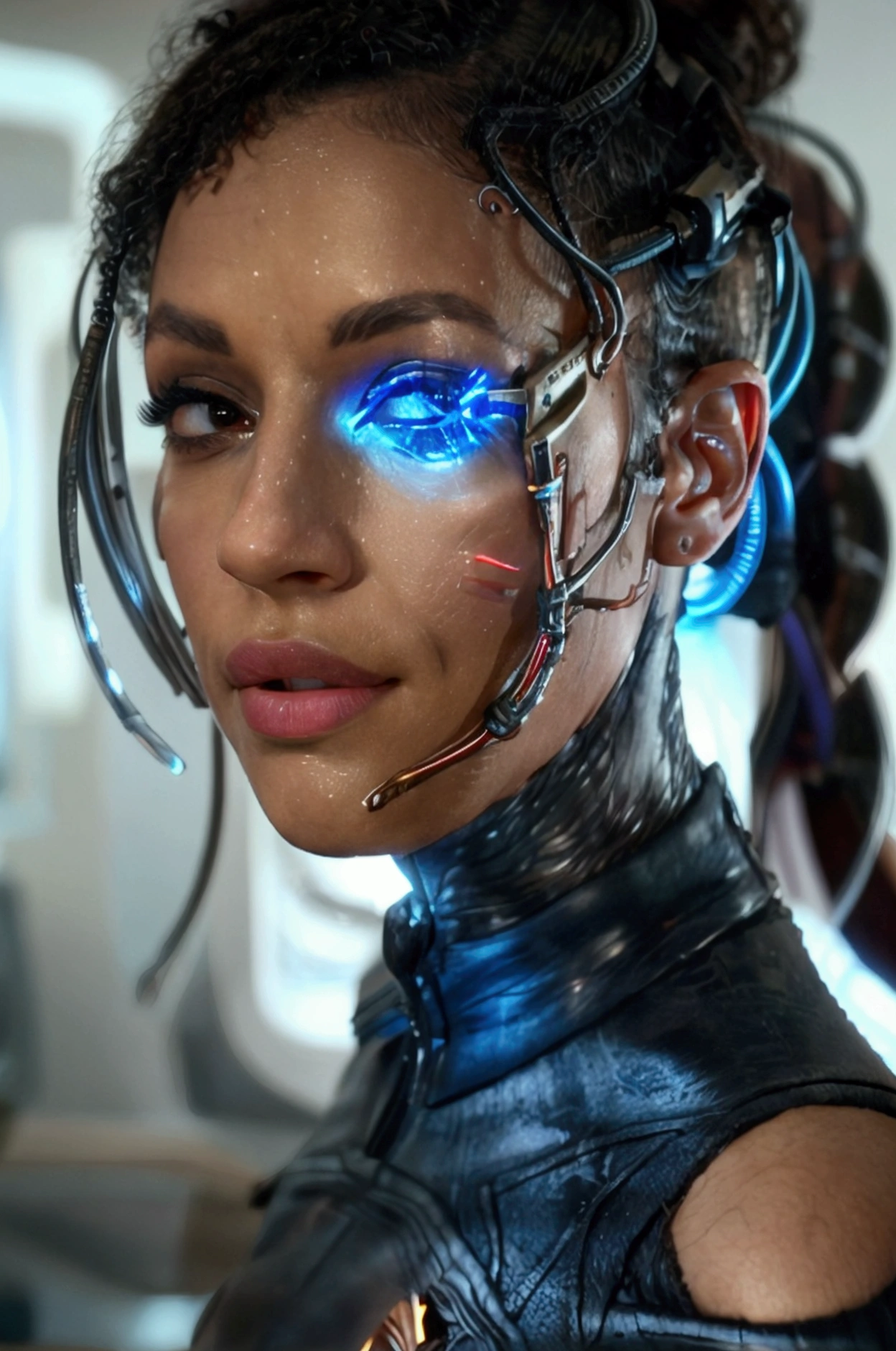 A detailed, highly realistic portrait of a beautiful Black woman wearing a blue Starfleet uniform, with prominent veins, cybernetic implants, an eyepatch, and cables running across her body, with a glowing, luminescent appearance reminiscent of the character Rosalina, masterfully rendered in the distinctive style of artist James Daly, featuring an extremely detailed and photorealistic depiction of her face, eyes, and lips, with a metallic, sci-fi texture and glowing lights throughout the composition.
