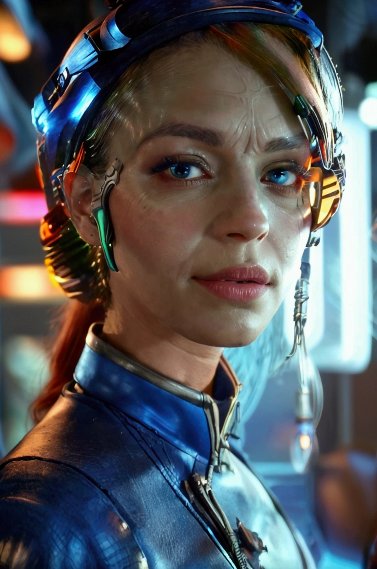 Black woman wearing blue sttldunf uniform,veins,borg,eyepatch,cable,luma,rosalina,detailed face,detailed eyes,detailed lips,metal texture,sci-fi,glowing lights jamesdaly artstyle,
