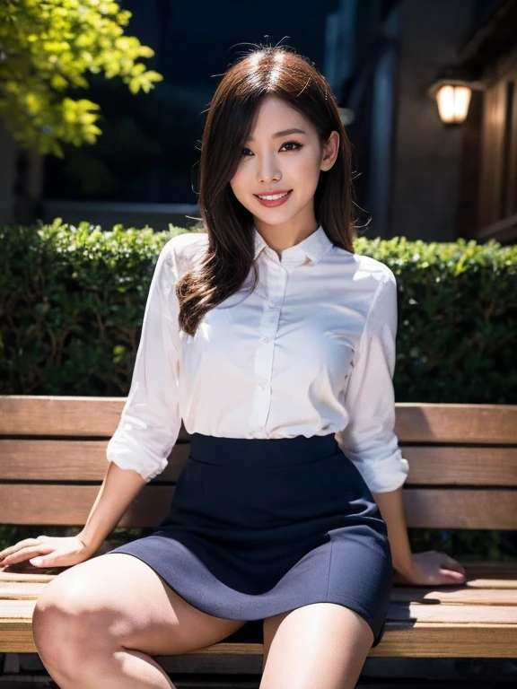 Best Quality, masterpiece, Realistic, High resolution, [8K RAW Photos,Alone, 1 person, Medium length hair、Sitting on a bench、Glamorous figure、face away、Grin,High heels、skirt、((Midnight:1.5))、Shooting with flash、Company uniform、open mouth